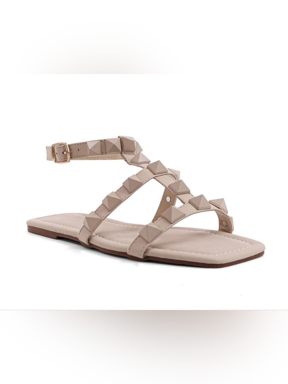 ShuShop Neutral Pyramid-Stud T-Strap Sandals